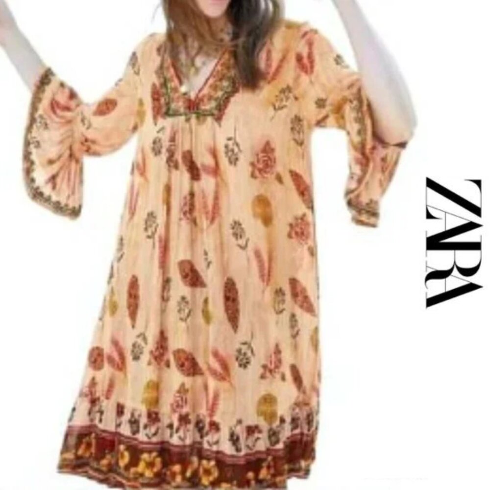 Zara Woman Mini Dress Boho Style with Bell Sleeves Size Small